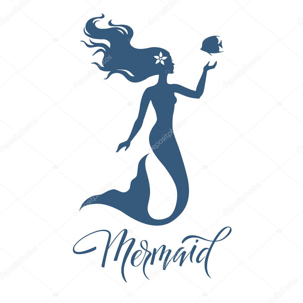Mermaid  silhouette, hand drawn vector  illustration isolated on white, logo, t-shirt design.