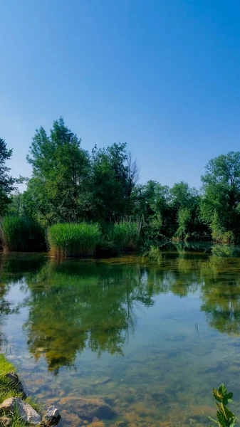 Landscape with river and trees. Mreznica river near Duga Resa. Croatia.