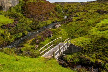 Iskoçya 'Da Skye Isle üzerinde Wild Creek üzerinde küçük ahşap köprü