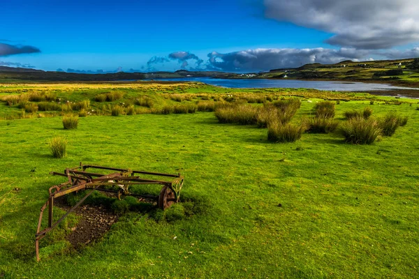 在苏格兰斯凯岛的海岸 在绿草树上的老锈迹斑斑的复古犁 — 图库照片