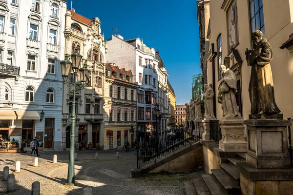 Strada Con Statue Vecchie Case Brno Repubblica Ceca — Foto Stock