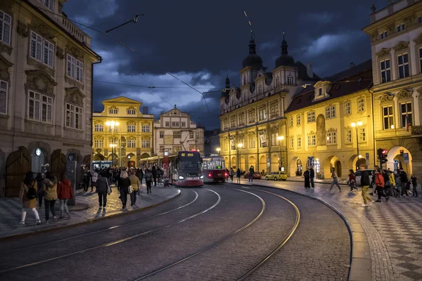 Prague Czech Republic October 2019 Busy Street Pedestrians Tramways Nighttime — Stock Photo, Image