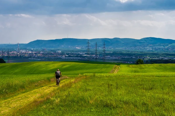 Man Rides Mountainbike Rural Landscape Front Skyline Vienna Austria — Stock Photo, Image