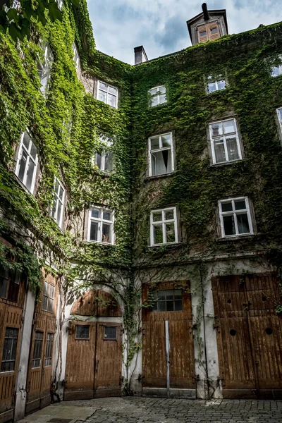 Cour Bâtiment Historique Avec Portes Bois Murs Recouverts Lierre — Photo