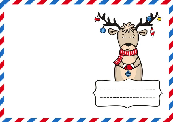 新年的明信片 寄发新年贺卡模板 圣诞装饰 矢量插图的主题是航空邮件和新的一年 圣诞鹿配新年玩具 — 图库矢量图片