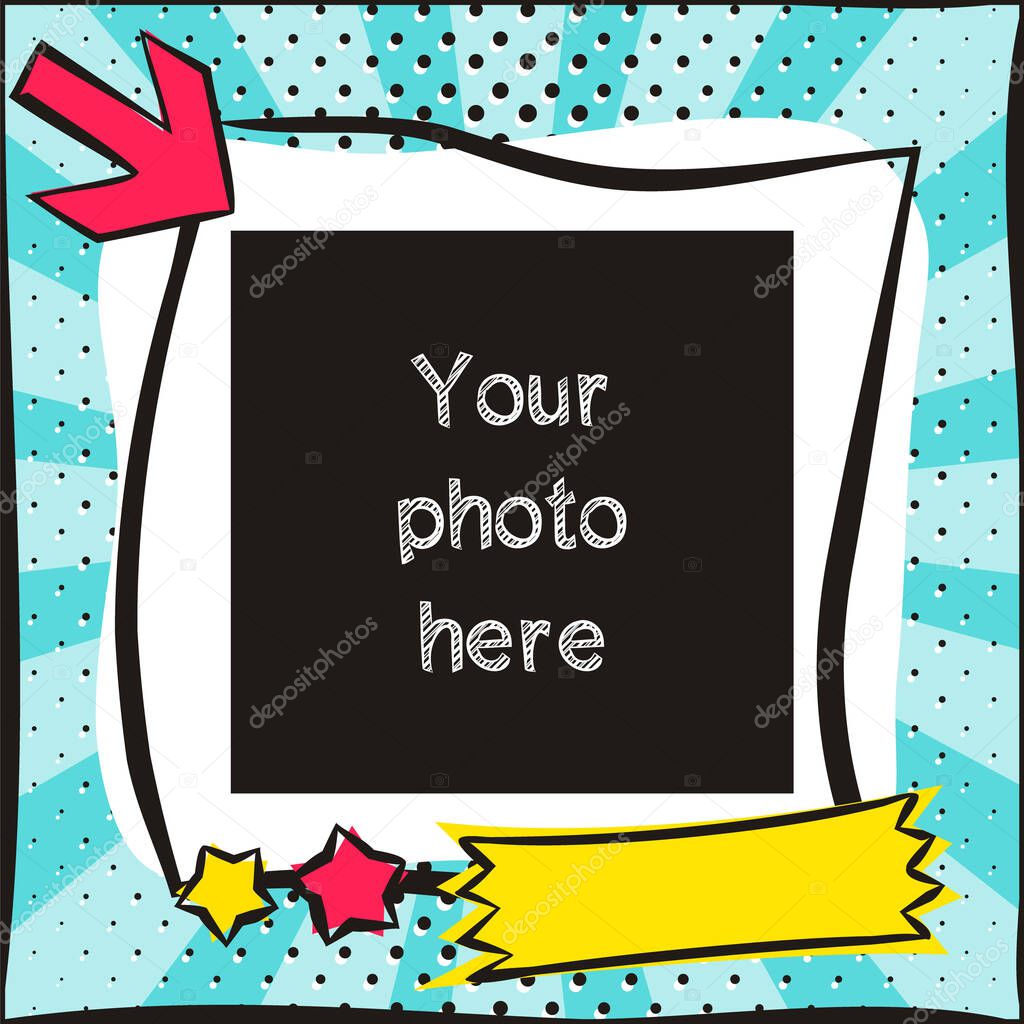 Children's photo book in pop art style. Bright page for a photo album. Template for the design of frames for photographs, posters, cards, stickers. Vector illustration.