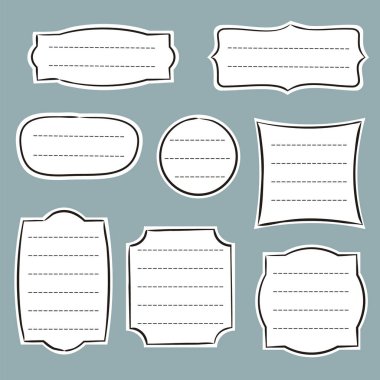 Antika etiketler ve çıkartmalar. Not defterleri, planörler, günlükler, ambalajlar, albümler için el çizimi sevimli tabelalar. Alıntı kutusunun vektör illüstrasyonu.