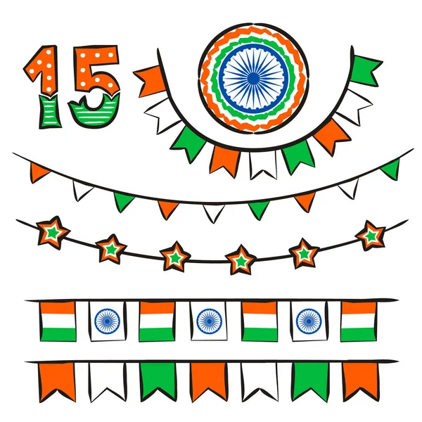 Ręcznie Rysowane Girlandy Dzień Niepodległości Indii Symbole Indii Kolorach Narodowych — Wektor stockowy