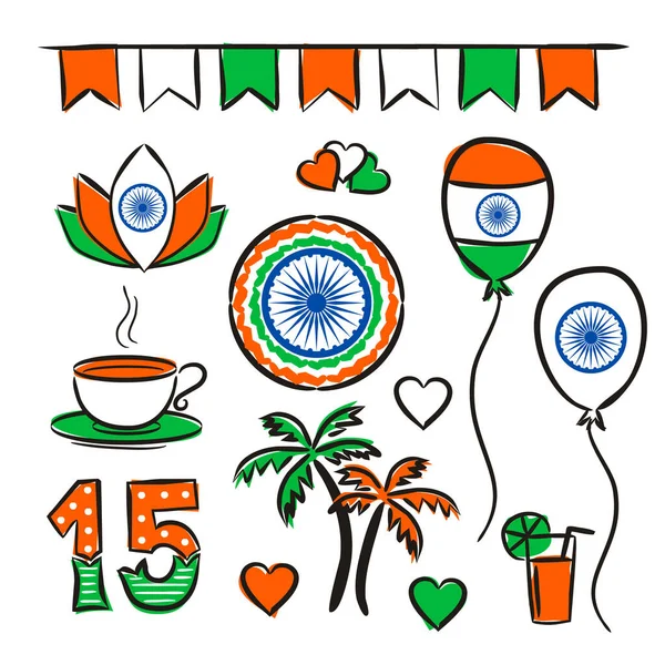 Zestaw Przypadkowo Narysowanych Elementów Dzień Niepodległości Indii Symbole Indii Kolorach — Wektor stockowy