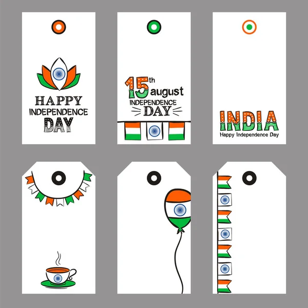 Zestaw Tagów Dzień Niepodległości Indii Etykiety Ręcznie Rysowanych Elementów Sierpnia — Wektor stockowy