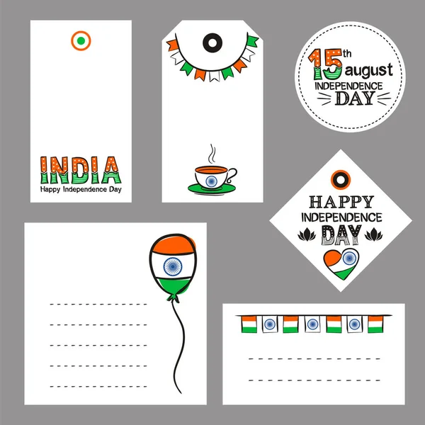 Zestaw Tagów Naklejek Dzień Niepodległości Indii Etykiety Ręcznie Rysowanych Elementów — Wektor stockowy