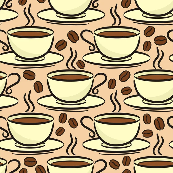 Nahtloses Handgezeichnetes Kaffeemuster Tasse Und Kaffeebohnen Vorhanden Hintergrund Für Café — Stockvektor
