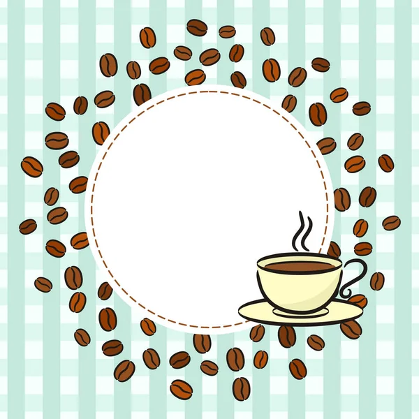 Rundrahmen Aus Kaffeebohnen Kariertes Küchenmuster Mit Handgezogener Tasse Vektorillustration Für — Stockvektor