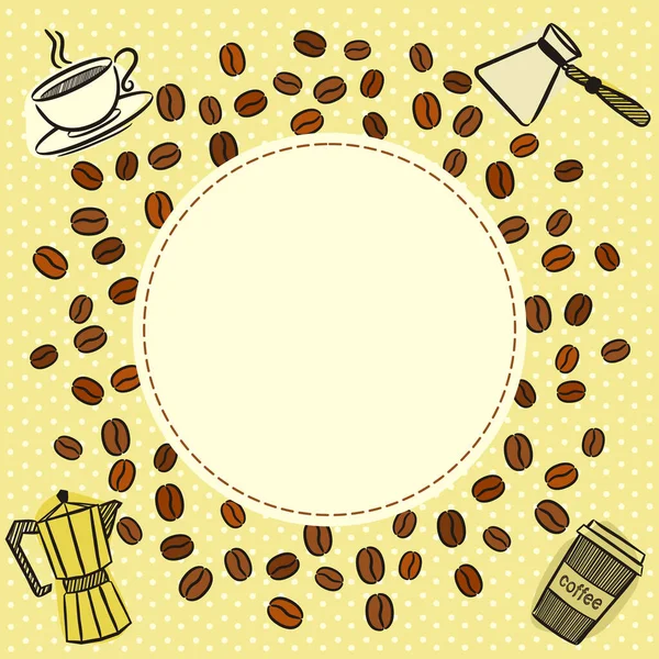 用咖啡豆制成的圆形框架 厨房图案与手绘杯 咖啡壶和土耳其 咖啡馆 餐馆的矢量插图 — 图库矢量图片