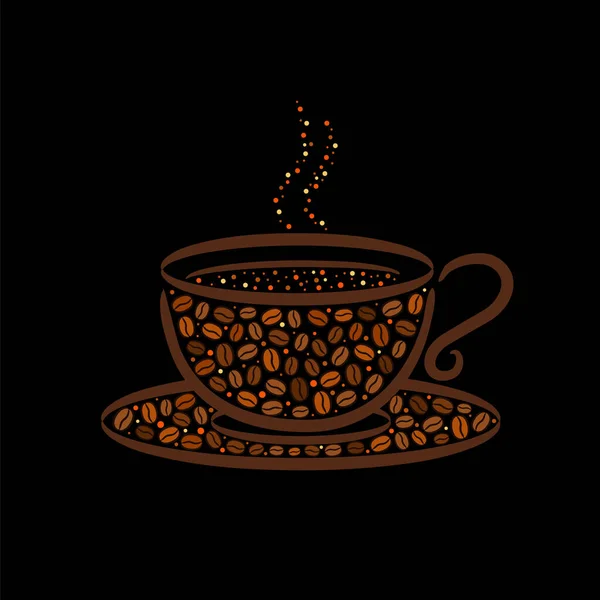 Eine Tasse Voll Kaffeebohnen Handgezogene Körner Und Dampfende Tasse Kaffee — Stockvektor
