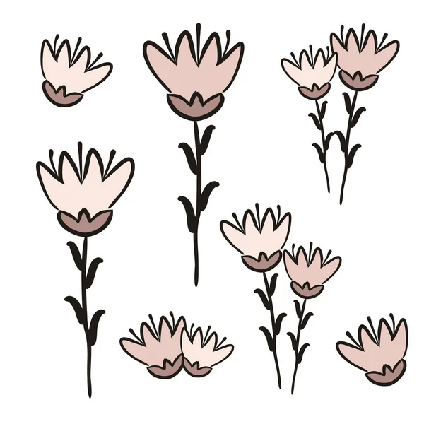 Set of hand-drawn flowers. Pink fantasy flowers isolated on white background. Vector illustration for cute floral design, design of books, albums, cards and posters.