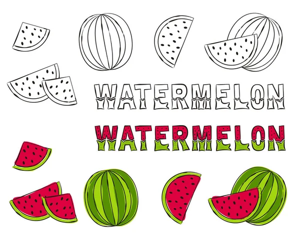 Set Handgezeichneter Wassermelonen Symbole Schwarz Weiße Konturen Zum Einfärben Farbige — Stockvektor
