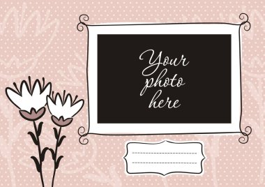 Çiçekli şirin bir fotoğraf kitabı. Fotoğraf albümü için pembe sayfa. Fotoğraflar, posterler, kartlar, çıkartmalar için çerçeve tasarımı şablonu. Vektör illüstrasyonu.