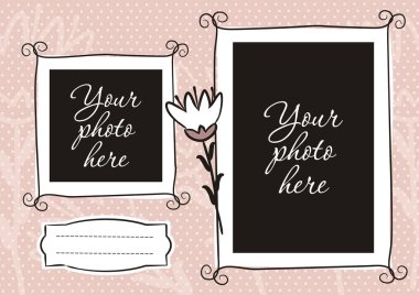 Çiçekli şirin bir fotoğraf kitabı. Fotoğraf albümü için pembe sayfa. Fotoğraflar, posterler, kartlar, çıkartmalar için çerçeve tasarımı şablonu. Vektör illüstrasyonu.