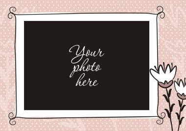 Çiçekli şirin bir fotoğraf kitabı. Fotoğraf albümü için pembe sayfa. Fotoğraflar, posterler, kartlar, çıkartmalar için çerçeve tasarımı şablonu. Vektör illüstrasyonu.