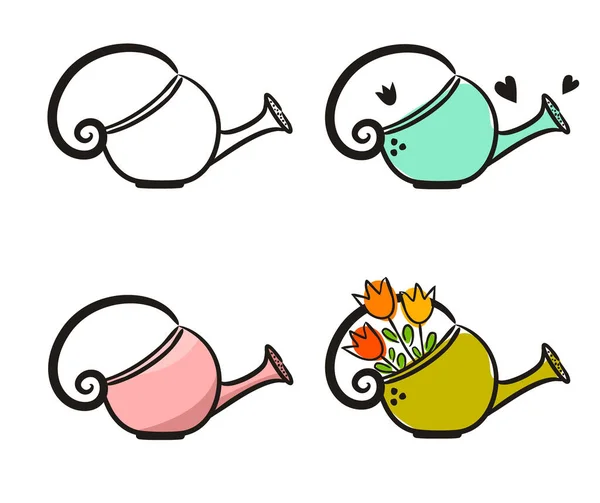 Set Hand Drawn Cute Watering Cans Garden Canister Icons Isolated — Stock Vector