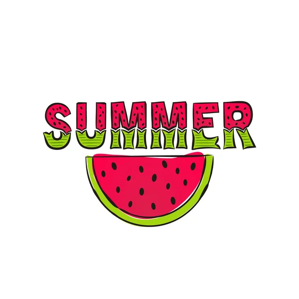 Sommer Schriftzug Mit Handgezeichneter Wassermelone Leuchtendes Sommerlogo Für Karte Oder — Stockvektor