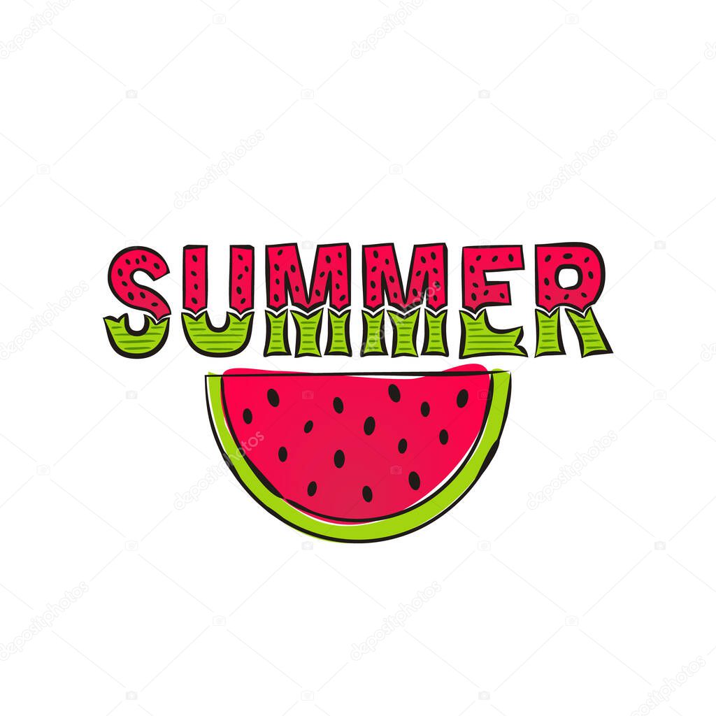 Summer lettering with hand-drawn watermellon. Bright summer logo for card or banner. Vector illustration on white background