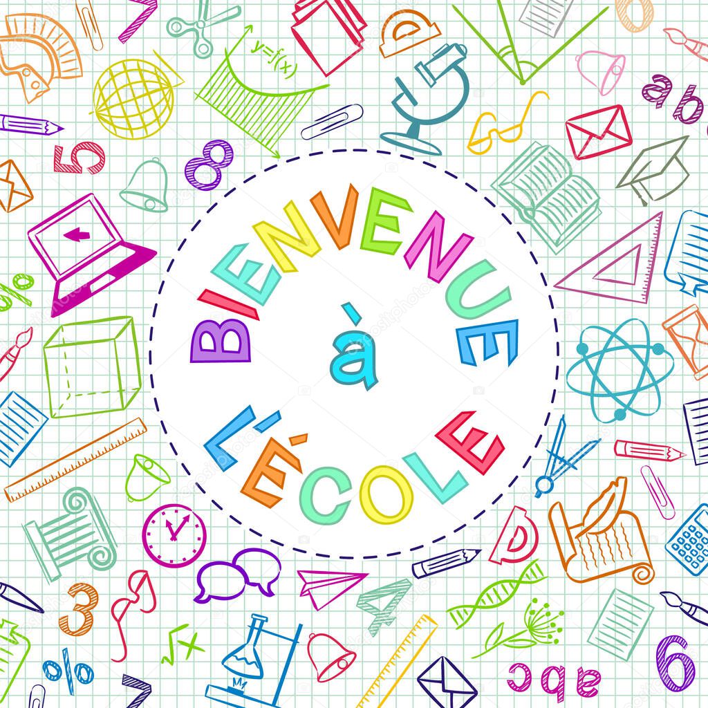 Francés Volver a la escuela texto en color escrito en marco redondo