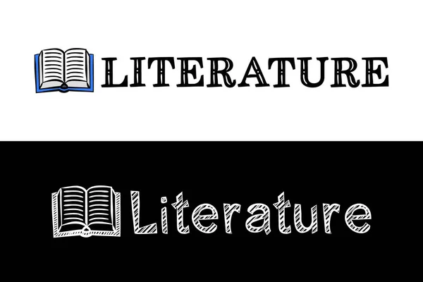 文学系科目のロゴ タイトルの付いたオープンブックの手書きアイコン 黒の黒板にチョークで文学の紋章 ポスター バナー 教育プロジェクト用ベクトルイラスト — ストックベクタ