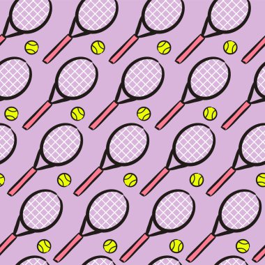 Kusursuz el çizimi tenis deseni. Mavi Spor arka planı tenis raketi ve topla çizilmiş. Yarışmaların, spor projelerinin, tenis ekipmanlarının tasarımı için vektör ilüstrasyonu.