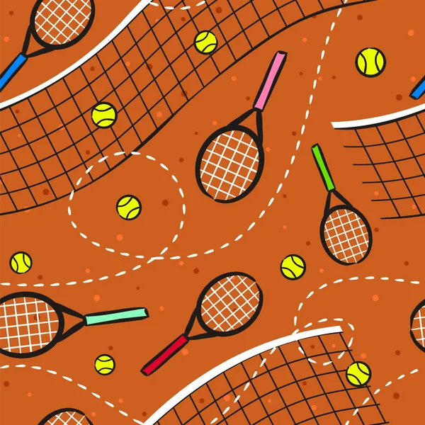 Seamless hand drawn tennis pattern. Hand drawn Blue Sport background with tennis racket and ball. Vector Illustration for the design of competitions, sports projects, tennis equipment.