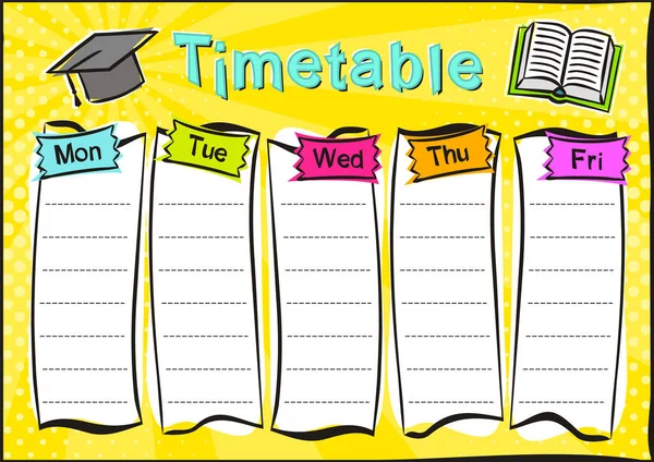 Spanish Comic template of a school schedule for 5 days of the week. Cartoon  Blank for a list of school subjects. Transaltion: Timetable, Monday,  Tuesday, Wednesday, Thursday, Friday. Vector popart Stock Vector