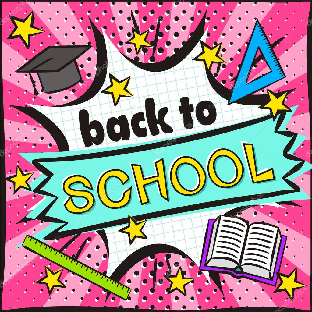 Back to School Bright banner in the style of popart. Explosion and school items on a bright pink background. Blank for school banner, presentation, template. Vector illustration