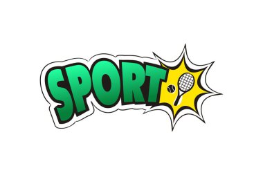 Spor okulu deneğinin logosu. Tenis raketinin elle çizilmiş bir ikonu. Pop sanat tarzında spor amblemi. Etiket, rozet, poster, afiş veya eğitim projesi için vektör illüstrasyonu.