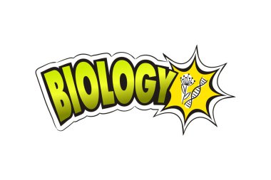 Biyoloji okulu deneği için logo. Elle çizilmiş DNA ve başlıklı çiçek ikonu. Pop sanat tarzında biyoloji amblemi. Etiket, rozet, poster, afiş veya eğitim projesi için vektör illüstrasyonu.