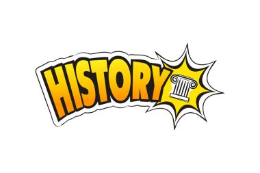Tarih dersi için logo. Başlığı ile el çizimi sütun ikonu. Pop sanat tarzında tarih amblemi. Etiket, rozet, poster, afiş veya eğitim projesi için vektör illüstrasyonu.