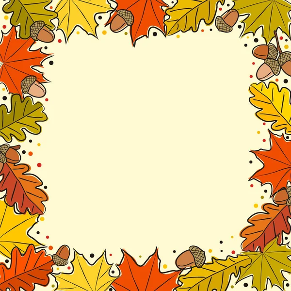 Autumn Square Frame Made Hand Drawn Leaves Yellow Orange Leaves — Stock Vector