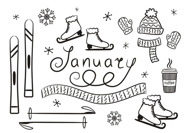 Handgezeichnete Januarelemente Isoliert Auf Weißem Hintergrund Winter Ikonen Doodle Stil — Stockvektor
