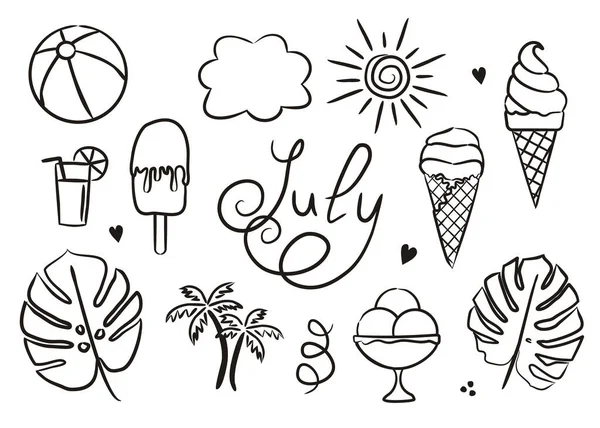Set Von Handgezeichneten Julielementen Isoliert Auf Weißem Hintergrund Sommer Ikonen — Stockvektor