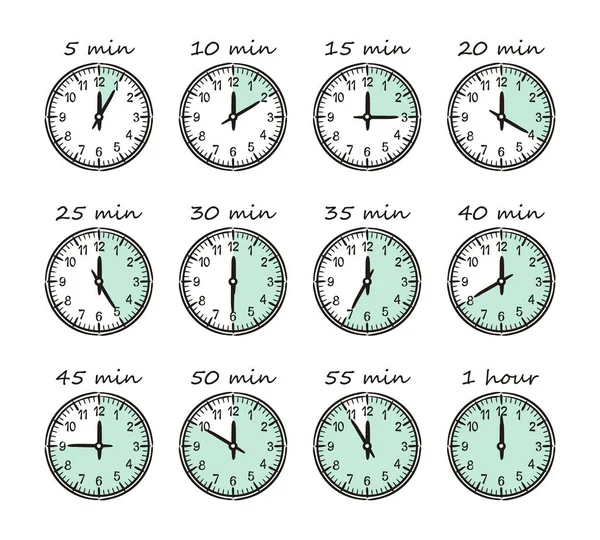 Intervalos Tempo Diferentes Mostradores Minutos Minutos Meia Hora Conjunto Relógios —  Vetores de Stock