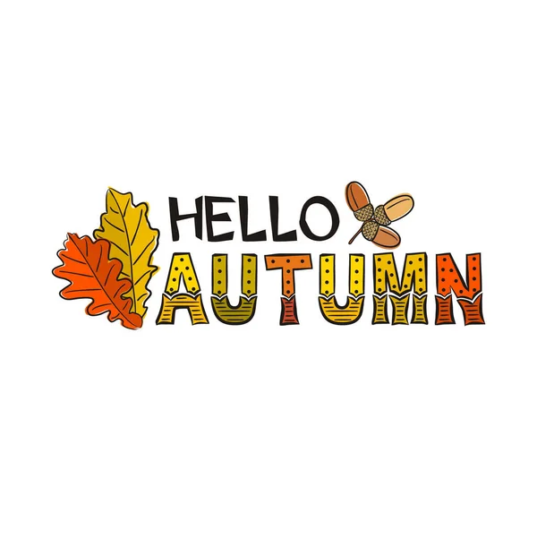 Herbstlicher Schriftzug Mit Handgezeichneten Eichenblättern Und Eicheln Gelb Orangefarbenes Herbstlogo — Stockvektor