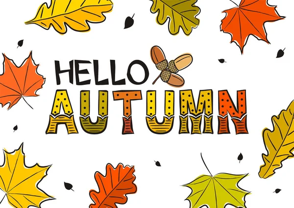 Hallo Herbst Schriftzug Mit Handgezeichneten Blättern Und Eicheln Gelb Orangefarbene — Stockvektor