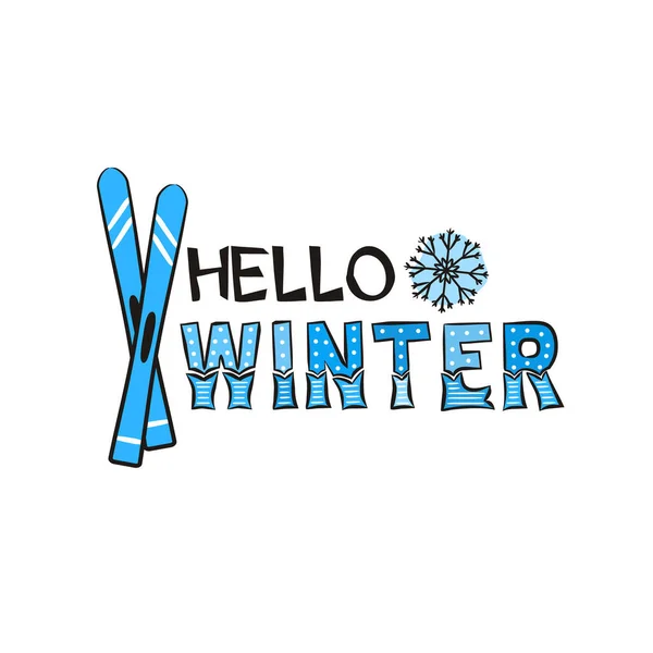 冬天的字母与手绘雪花和滑雪 蓝色冰冻标志用于卡片或横幅 白色背景的矢量说明 — 图库矢量图片