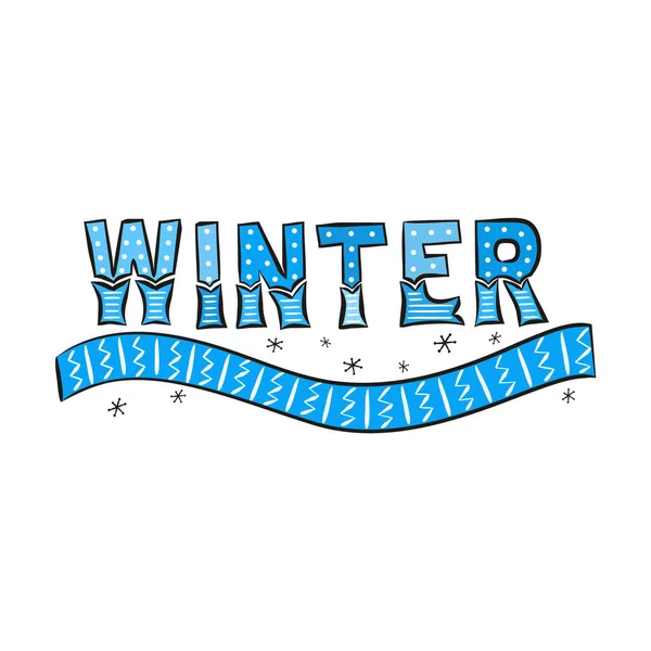 Зимове Написання Намальованими Руками Сніжинками Шарфом Синій Заморожений Логотип Карт — стоковий вектор