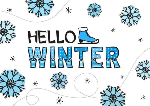 Merhaba Kış Mektupları Çizimi Kar Taneleri Mavi Donmuş Kart Afiş — Stok Vektör