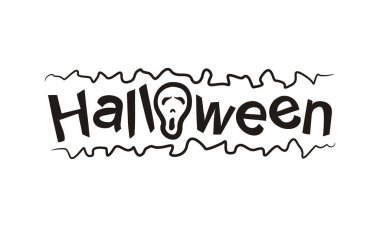 Çığlık atan kafatasıyla el çizimi Cadılar Bayramı logosu. Azizler Günü için mektup. Siyah yazı beyaz arkaplanda izole edilmiş. Pankart, kartpostal, çıkartma için vektör illüstrasyonu