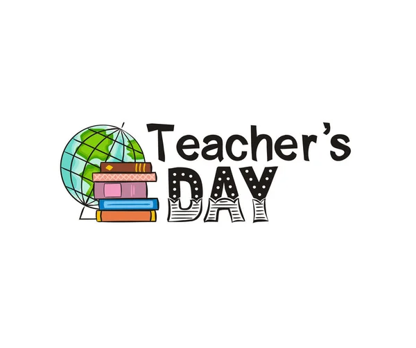 Lettrage Pour Journée Enseignant Avec Logo Globe Une Pile Livres — Image vectorielle