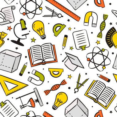 Okul unsurlarıyla kusursuz çizgi film deseni. Eğitim objeleri olan çocuklar: cetvel, kitap, ampul, pusula, küp, DNA, molekül ve diğerleri. Vektör arkaplanı. 
