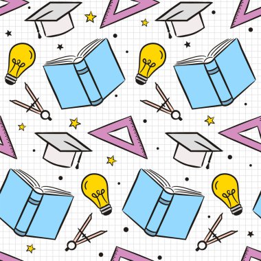 Okul unsurlarıyla kusursuz çizgi film deseni. Eğitim objeleri olan çocuklar: cetvel, kitap, ampul, pusula ve diğerleri. Vektör arkaplanı. 