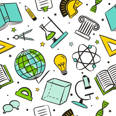 Okul unsurlarıyla kusursuz çizgi film deseni. Eğitim objeleri olan çocuklar: cetvel, kitap, ampul, pusula ve diğerleri. Vektör arkaplanı.